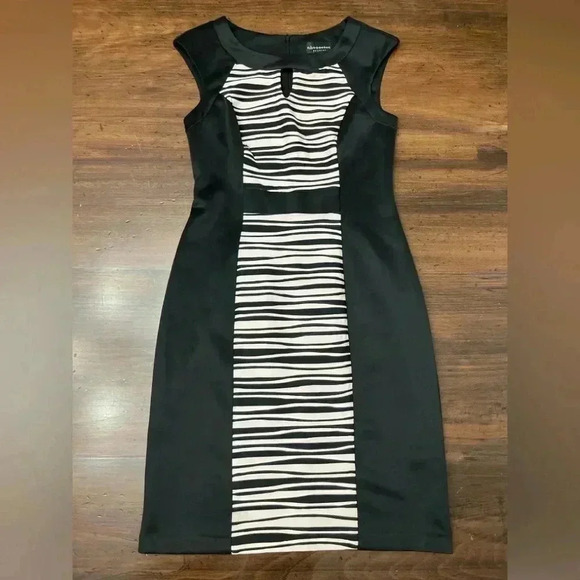 2/$12 Connected Apparel Dress Size 6 Black Pink Textured Stripes Shiny Knit - Picture 3 of 13